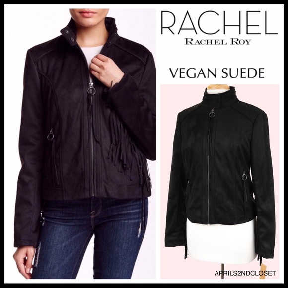RACHEL Rachel Roy Jackets & Blazers - BLACK BOHO FRINGE VEGAN SUEDE MOTO BOMBER JACKET ZIP UP A2C